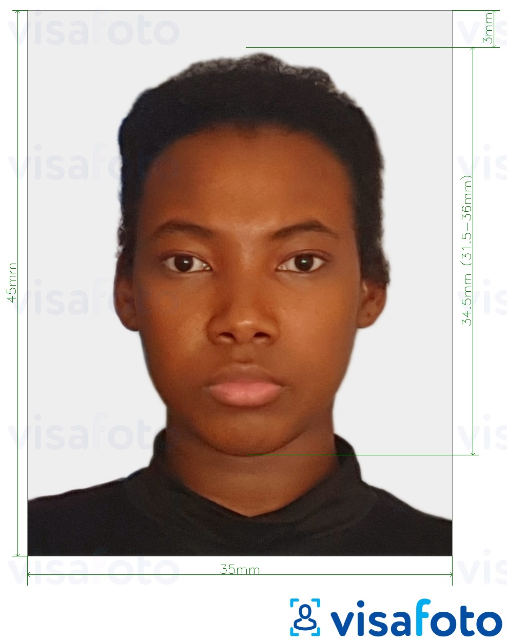 Намунаи акс барои Конго (Brazzaville) паспорт 35х45 мм (3,5х4,5 см) бо андозаи дақиқ