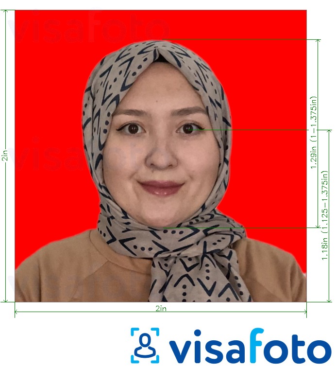 Намунаи акс барои Паспорт дар Индонезия 51x51 мм (2х2 дюйм) поёни сурх бо андозаи дақиқ