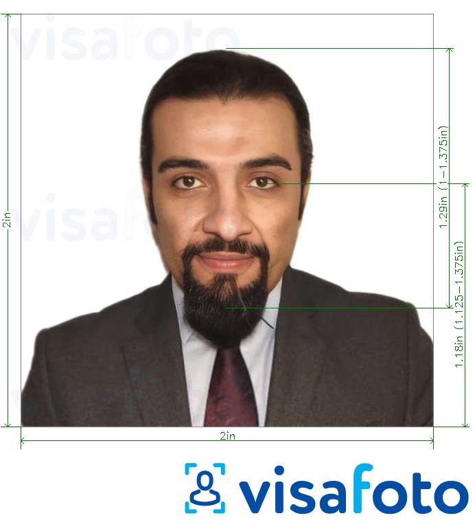 Намунаи акс барои Паспорт дар Тунис 2x2 дюйм (аз ИМА) бо андозаи дақиқ